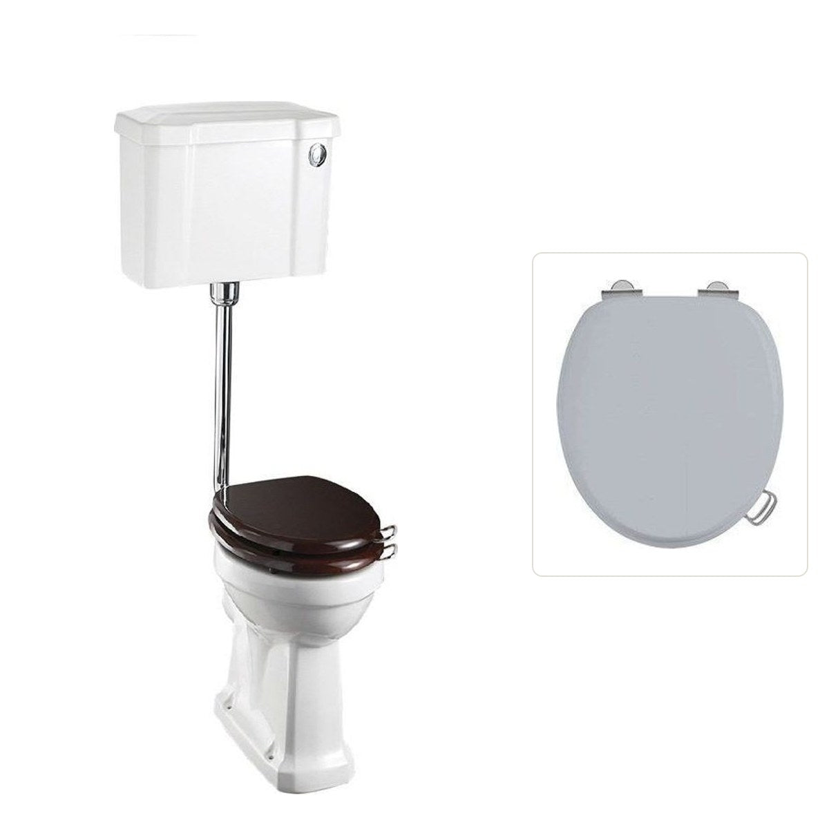 Toalettstol Burlington lågspolande normalhög med soft close-sits bred cistern 52 cm och spolknapp i krom, sits grå