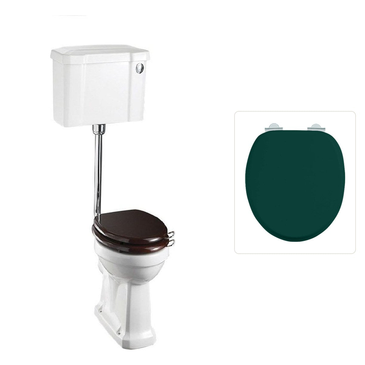 Toalettstol Burlington lågspolande normalhög med soft close-sits bred cistern 52 cm och spolknapp i krom, sits matt grön