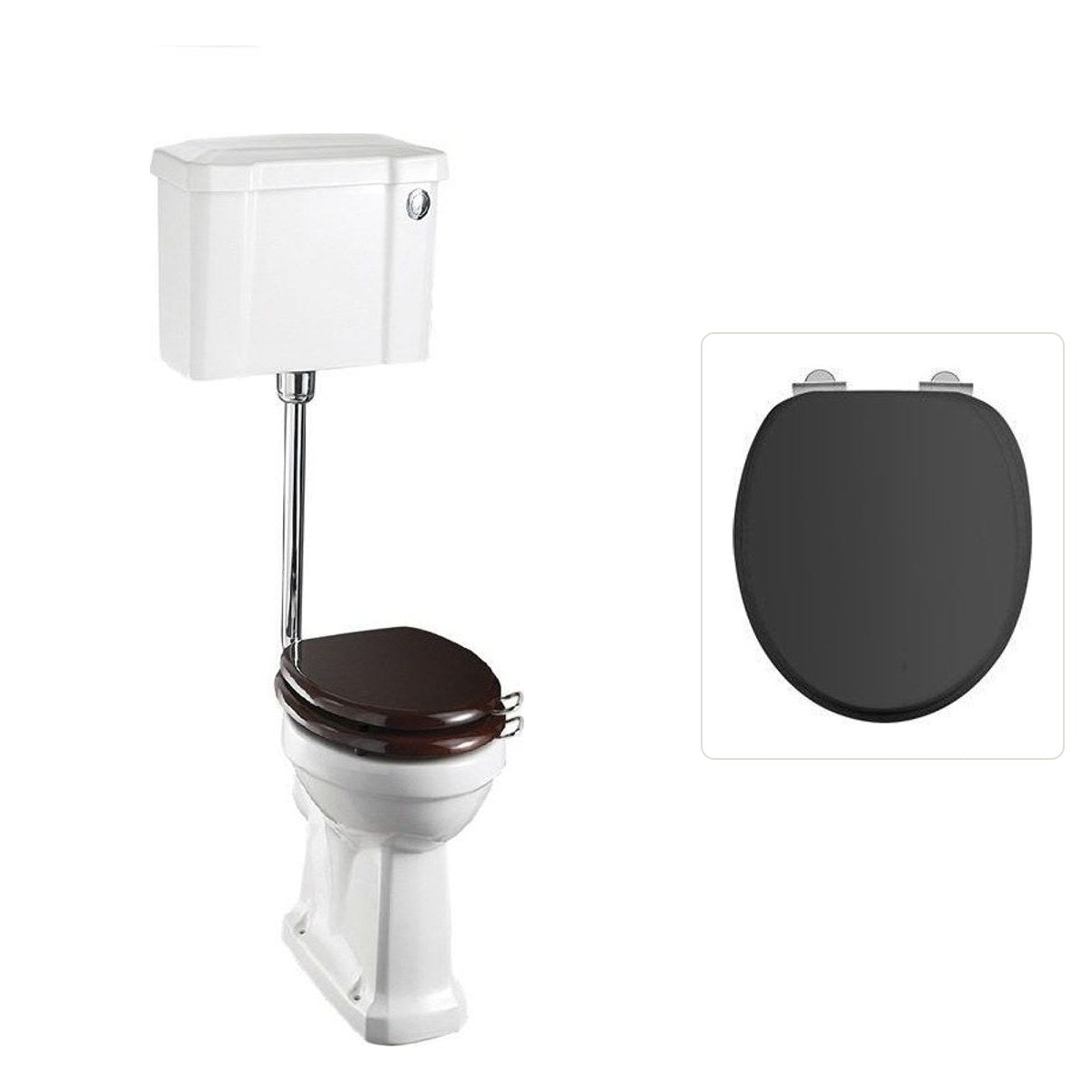 Toalettstol Burlington lågspolande normalhög med soft close-sits bred cistern 52 cm och spolknapp i krom, sits matt svart