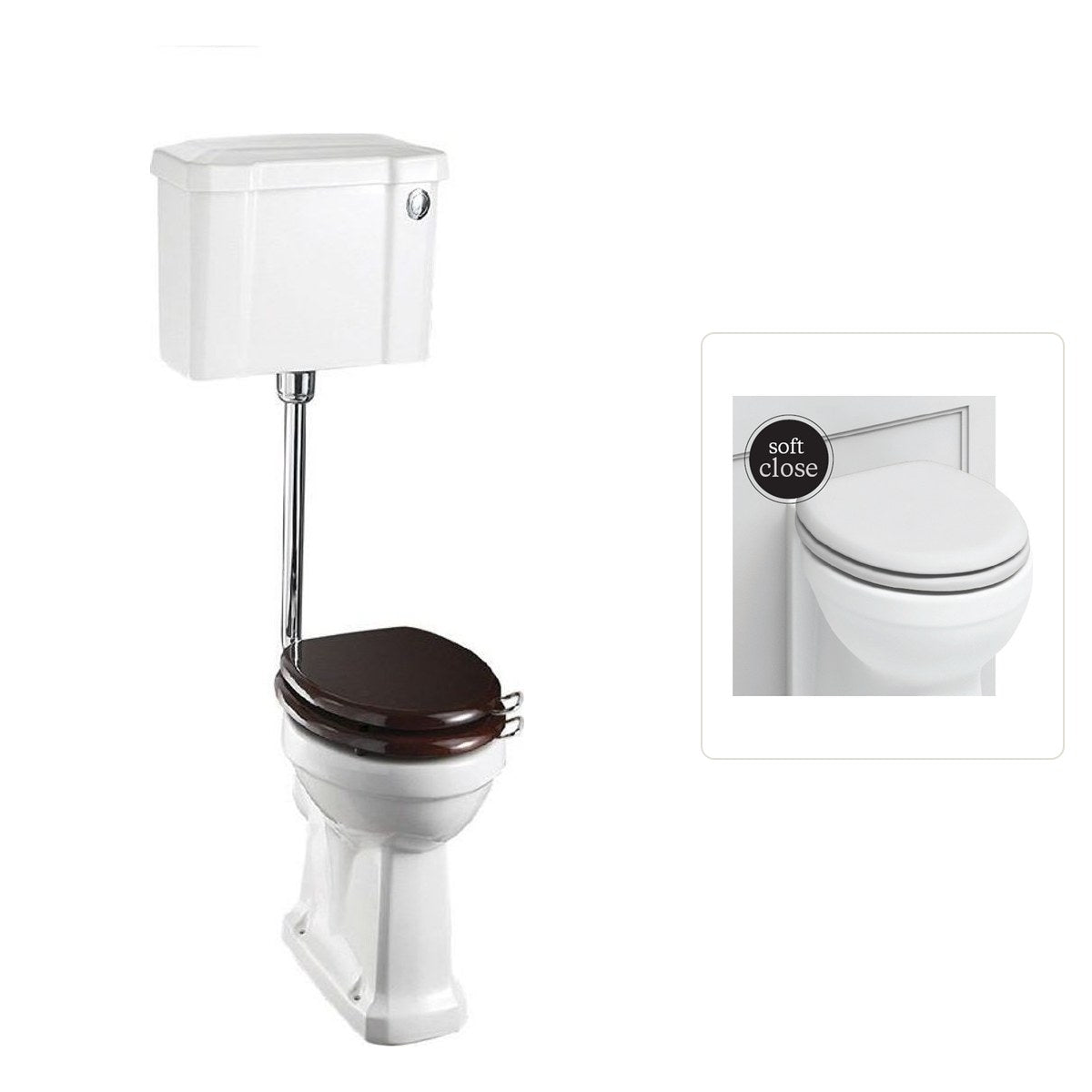 Toalettstol Burlington lågspolande normalhög med soft close-sits bred cistern 52 cm och spolknapp i krom, sits matt vit