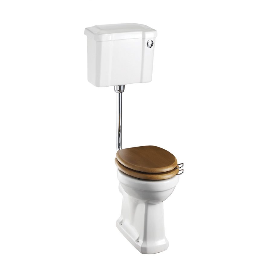 Toalettstol Burlington lågspolande normalhög med soft close-sits smal cistern 44 cm och spolknapp i krom