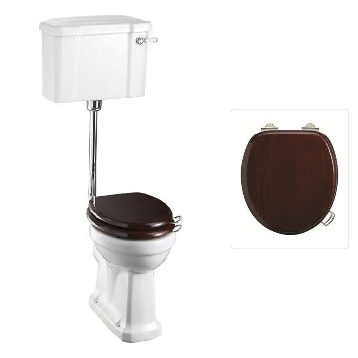 Toalettstol Burlington lågspolande normalhög med soft close-sits smal cistern 44 cm och spolvred i krom, sits blank mahogny