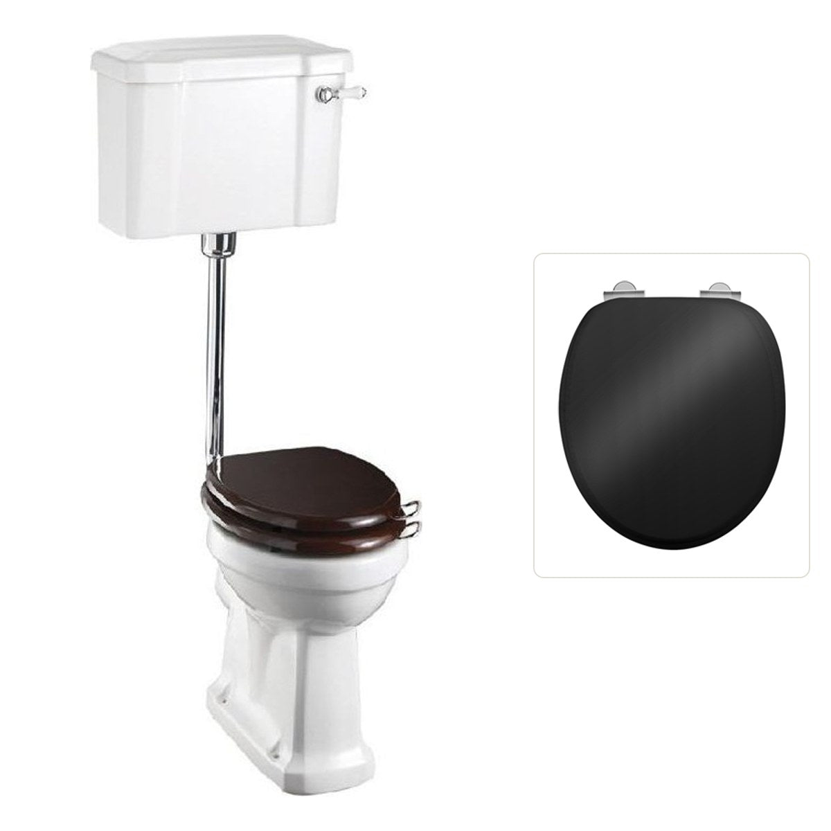Toalettstol Burlington lågspolande normalhög med soft close-sits smal cistern 44 cm och spolvred i krom, sits blank svart