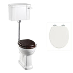 Toalettstol Burlington lågspolande normalhög med soft close-sits smal cistern 44 cm och spolvred i krom, sits blank vit
