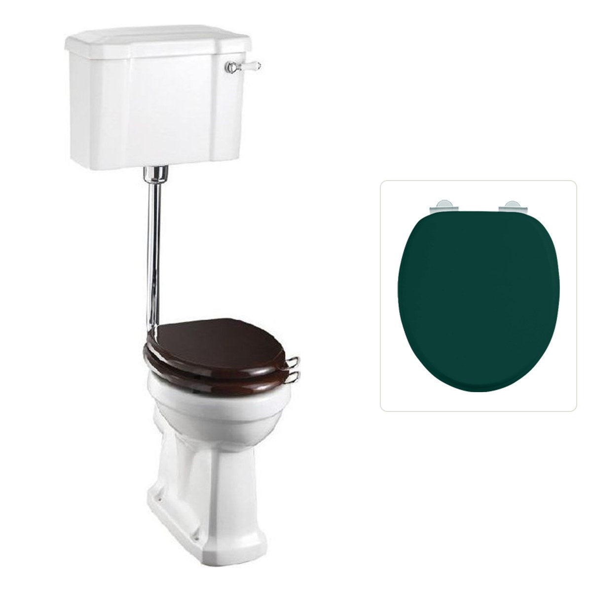 Toalettstol Burlington lågspolande normalhög med soft close-sits smal cistern 44 cm och spolvred i krom, sits matt grön