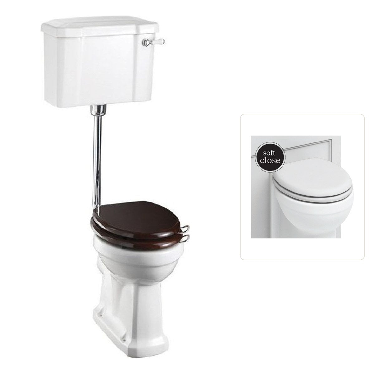 Toalettstol Burlington lågspolande normalhög med soft close-sits smal cistern 44 cm och spolvred i krom, sits matt vit