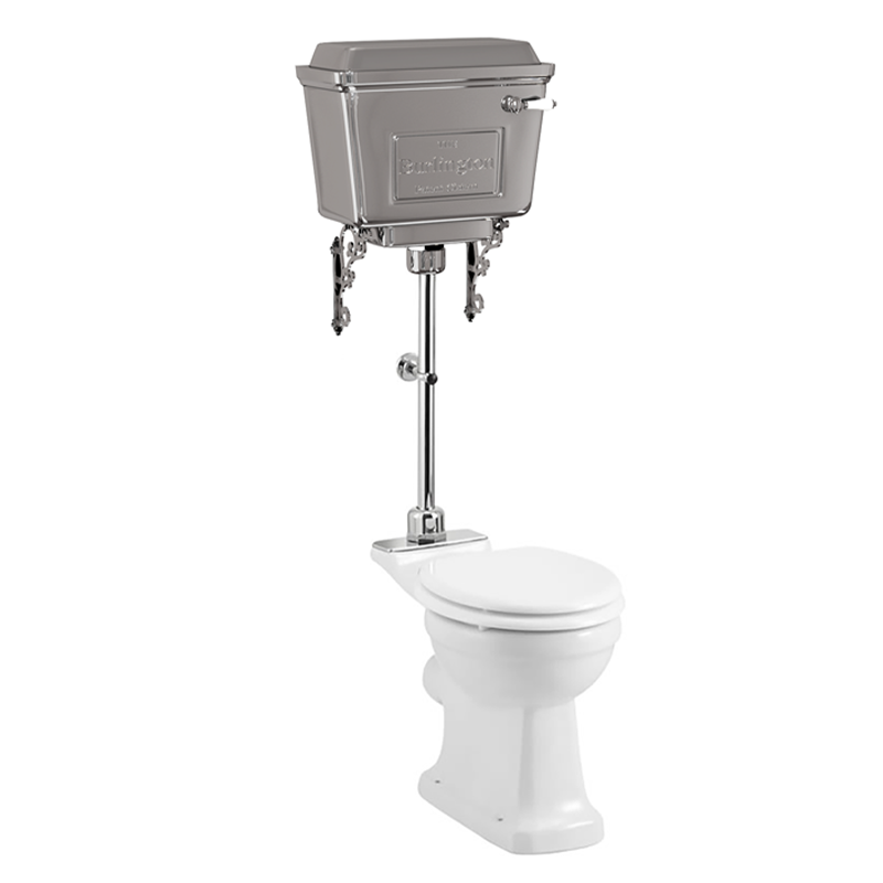 Toalettstol Burlington mellanhög med aluminiumcistern, soft close-sits och kromad spolknapp