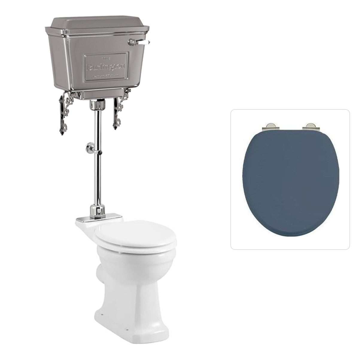 Toalettstol Burlington mellanhög med aluminiumcistern, soft close-sits och kromad spolknapp, sits blå