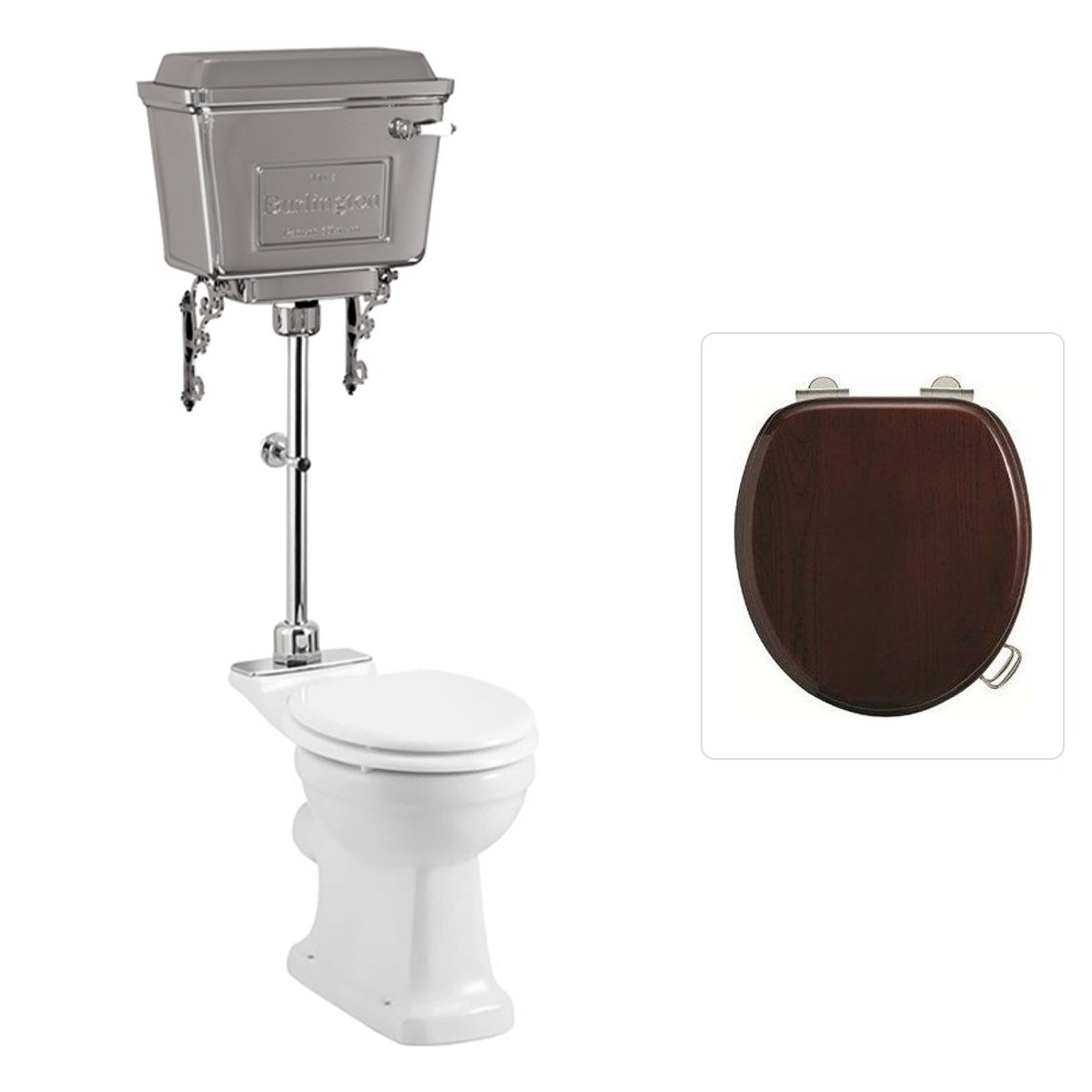 Toalettstol Burlington mellanhög med aluminiumcistern, soft close-sits och kromad spolknapp, sits blank mahogny