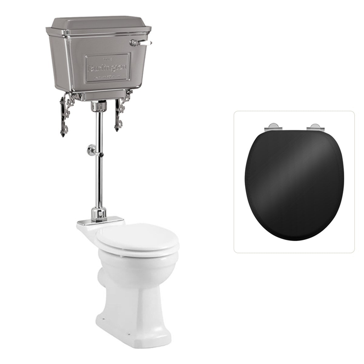 Toalettstol Burlington mellanhög med aluminiumcistern, soft close-sits och kromad spolknapp, sits blank svart