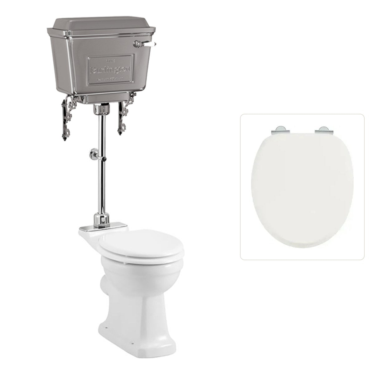 Toalettstol Burlington mellanhög med aluminiumcistern, soft close-sits och kromad spolknapp, sits blank vit