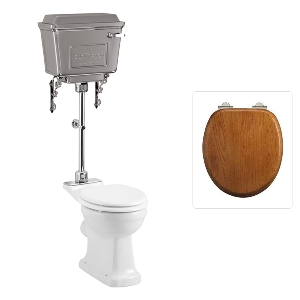 Toalettstol Burlington mellanhög med aluminiumcistern, soft close-sits och kromad spolknapp, sits ek