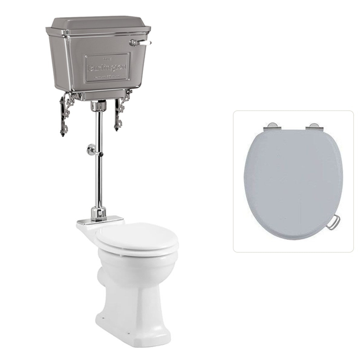 Toalettstol Burlington mellanhög med aluminiumcistern, soft close-sits och kromad spolknapp, sits grå