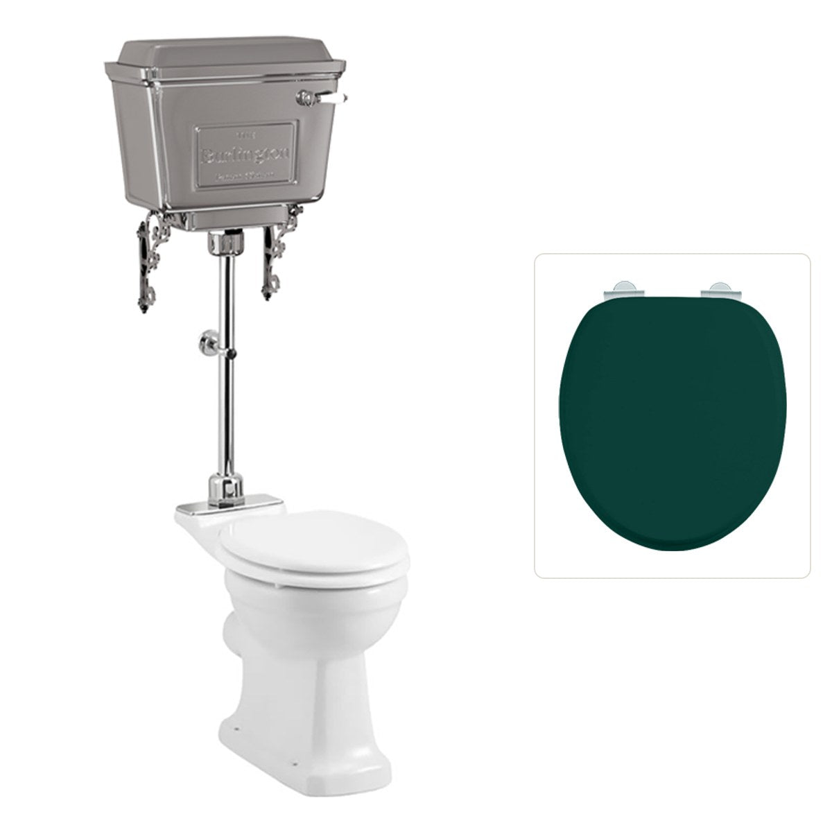 Toalettstol Burlington mellanhög med aluminiumcistern, soft close-sits och kromad spolknapp, sits matt grön