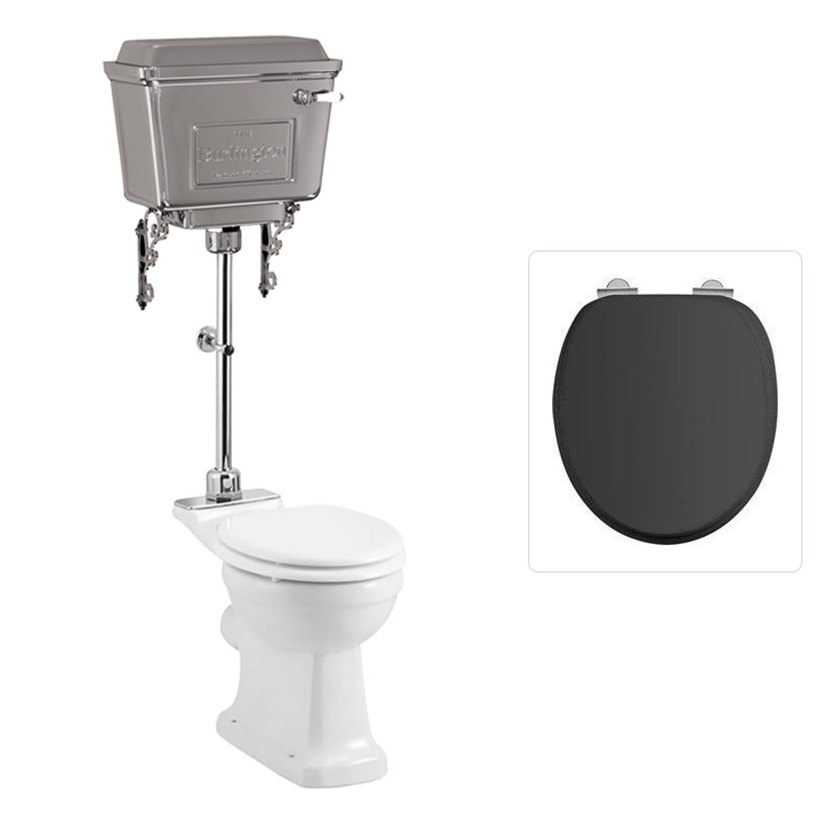 Toalettstol Burlington mellanhög med aluminiumcistern, soft close-sits och kromad spolknapp, sits matt svart