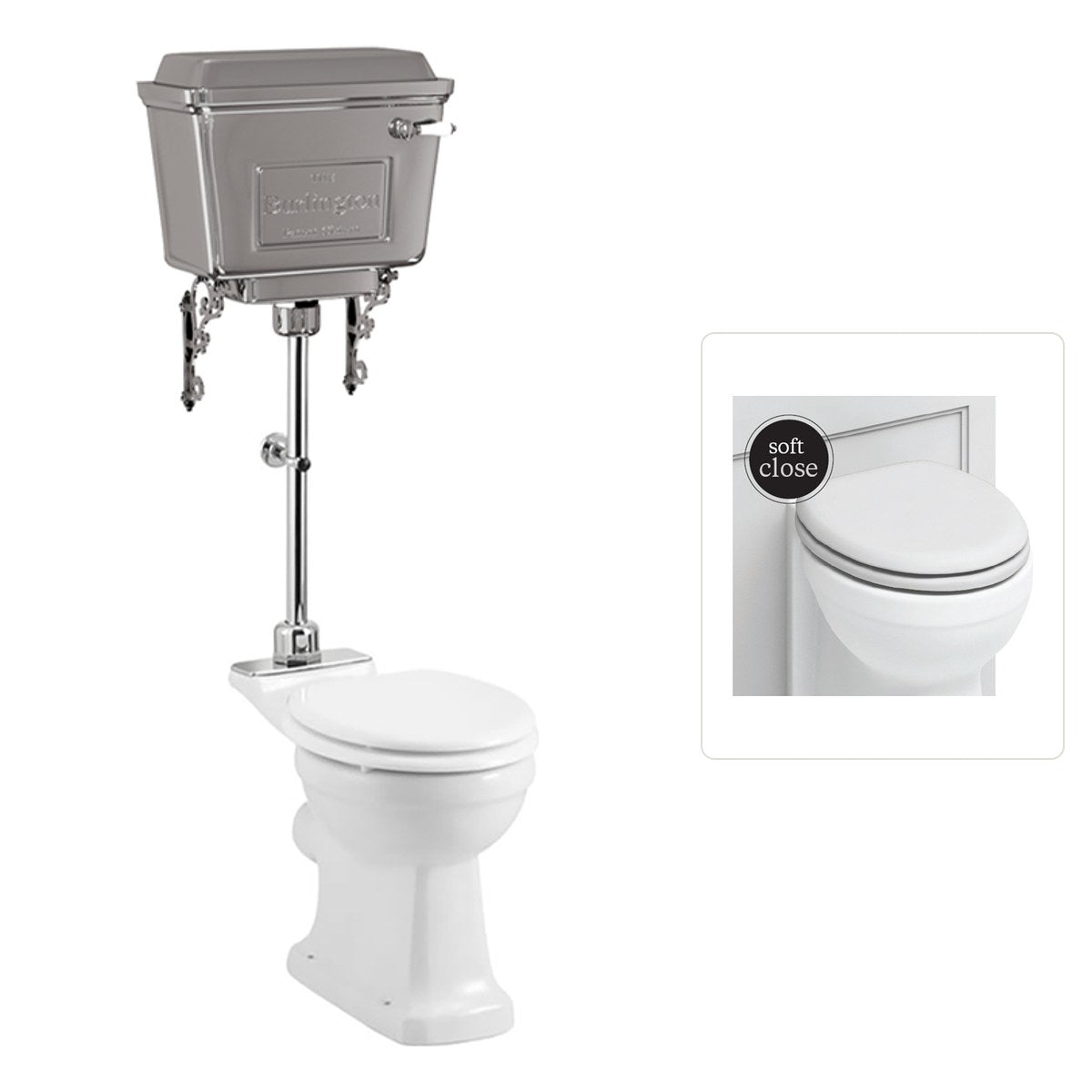 Toalettstol Burlington mellanhög med aluminiumcistern, soft close-sits och kromad spolknapp, sits matt vit