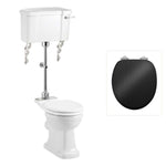 Toalettstol Burlington mellanhög förhöjd med bred cistern 52 cm med soft close-sits och spolvred i krom + spolrörskit, sits blank svart