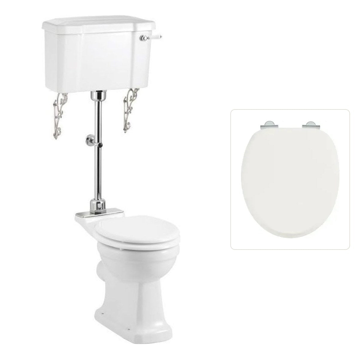 Toalettstol Burlington mellanhög förhöjd med bred cistern 52 cm med soft close-sits och spolvred i krom + spolrörskit, sits blank vit