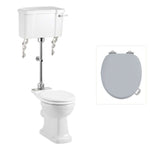 Toalettstol Burlington mellanhög förhöjd med bred cistern 52 cm med soft close-sits och spolvred i krom + spolrörskit, sits grå