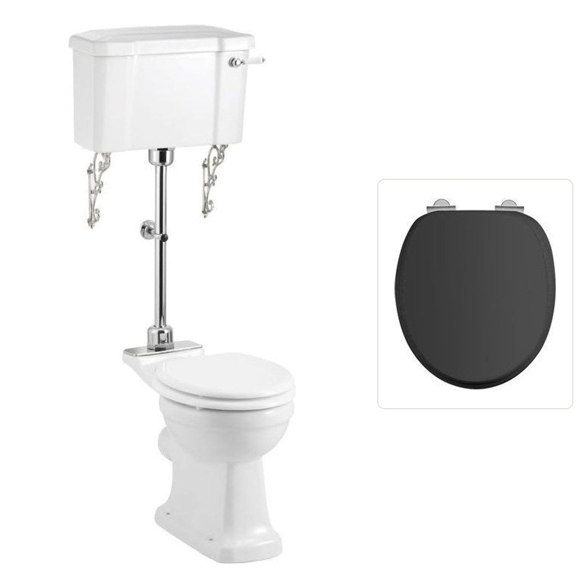 Toalettstol Burlington mellanhög förhöjd med bred cistern 52 cm med soft close-sits och spolvred i krom + spolrörskit, sits matt svart