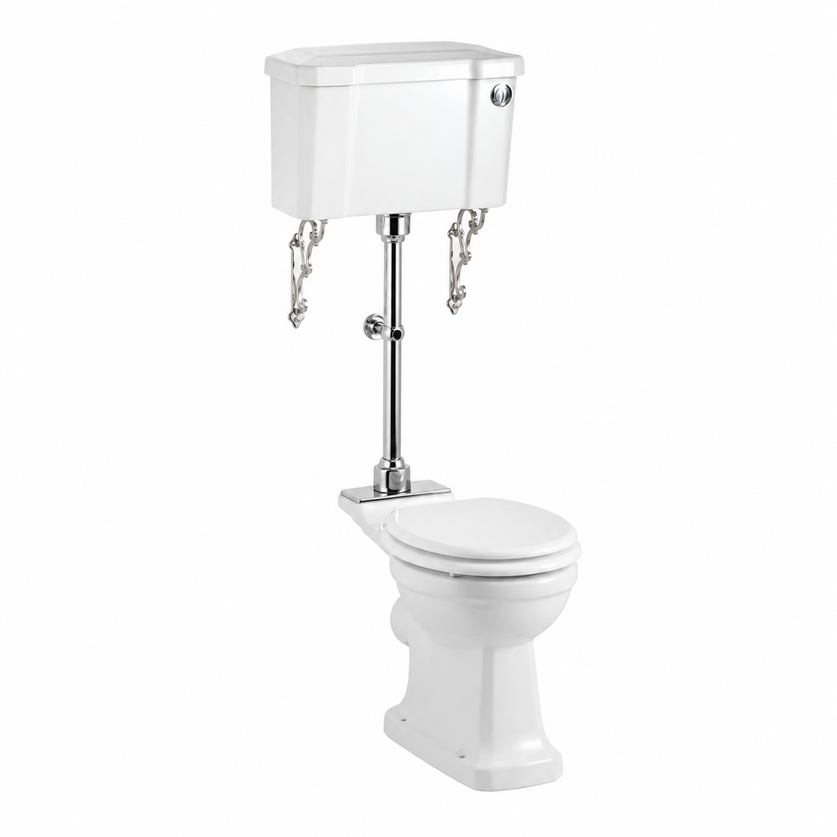 Toalettstol Burlington mellanhög förhöjd med smal cistern 44 cm med soft close-sits och spolknapp i krom + spolrörskit