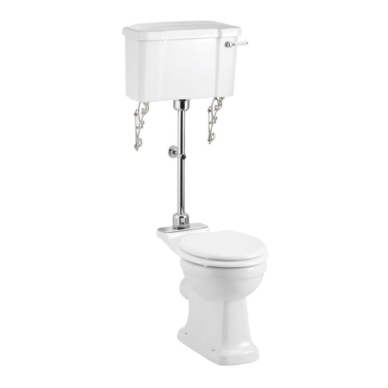 Toalettstol Burlington mellanhög förhöjd med smal cistern 44 cm med soft close-sits och spolvred i krom + spolrörskit