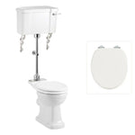 Toalettstol Burlington mellanhög förhöjd med smal cistern 44 cm med soft close-sits och spolvred i krom + spolrörskit, sits blank vit