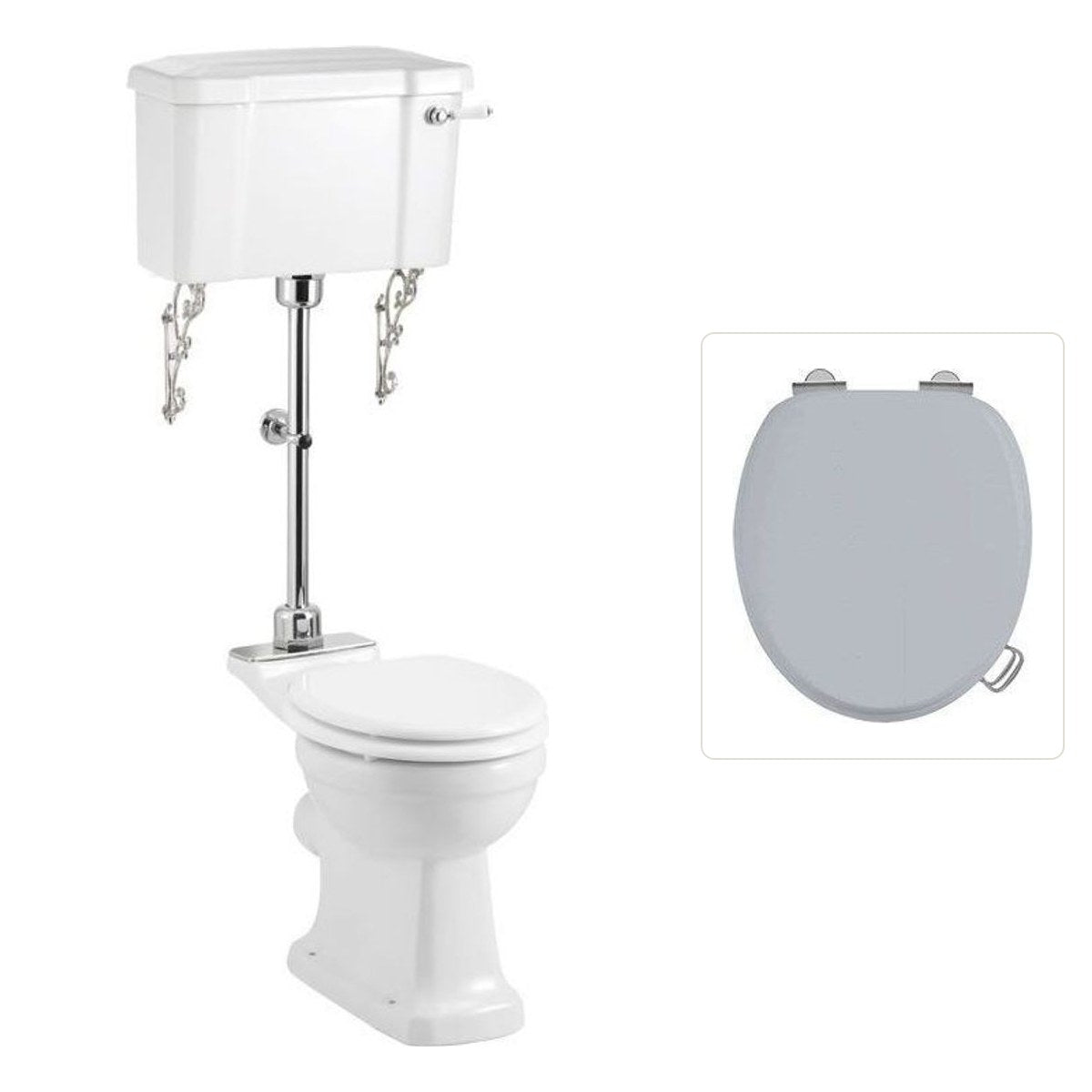 Toalettstol Burlington mellanhög förhöjd med smal cistern 44 cm med soft close-sits och spolvred i krom + spolrörskit, sits grå