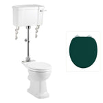 Toalettstol Burlington mellanhög förhöjd med smal cistern 44 cm med soft close-sits och spolvred i krom + spolrörskit, sits matt grön