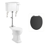 Toalettstol Burlington mellanhög förhöjd med smal cistern 44 cm med soft close-sits och spolvred i krom + spolrörskit, sits matt svart