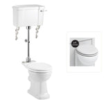 Toalettstol Burlington mellanhög förhöjd med smal cistern 44 cm med soft close-sits och spolvred i krom + spolrörskit, sits matt vit