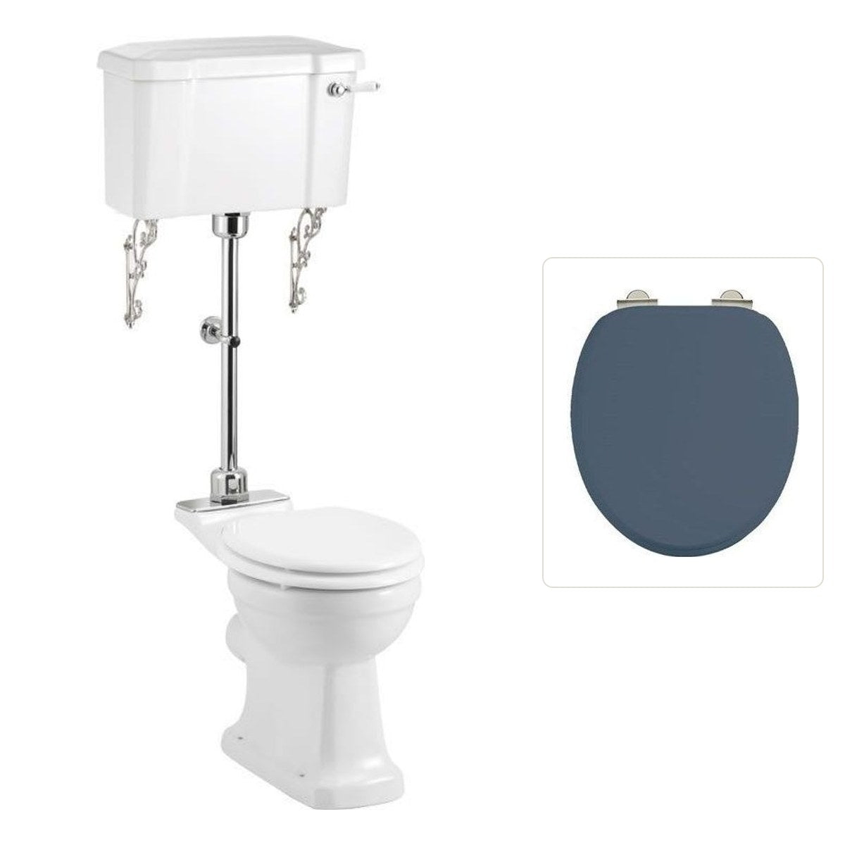 Toalettstol Burlington mellanhög standard bred cistern 52 cm rimless med soft close-sits och spolvred i krom + spolrörskit, sits blå