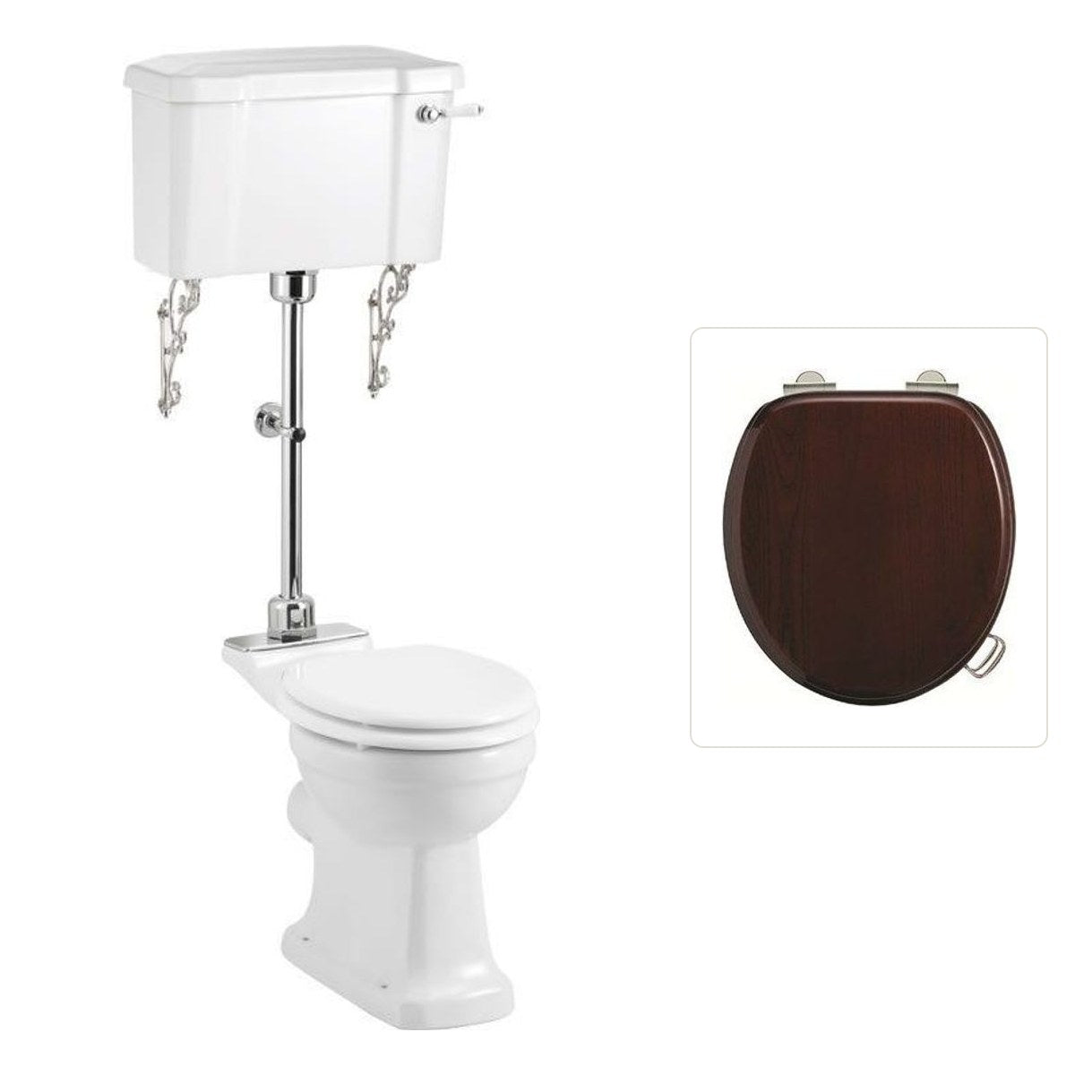 Toalettstol Burlington mellanhög standard bred cistern 52 cm rimless med soft close-sits och spolvred i krom + spolrörskit, sits blank mahogny