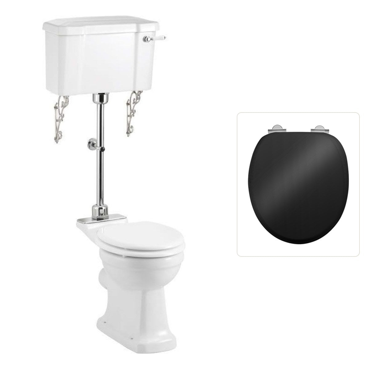 Toalettstol Burlington mellanhög standard bred cistern 52 cm rimless med soft close-sits och spolvred i krom + spolrörskit, sits blank svart