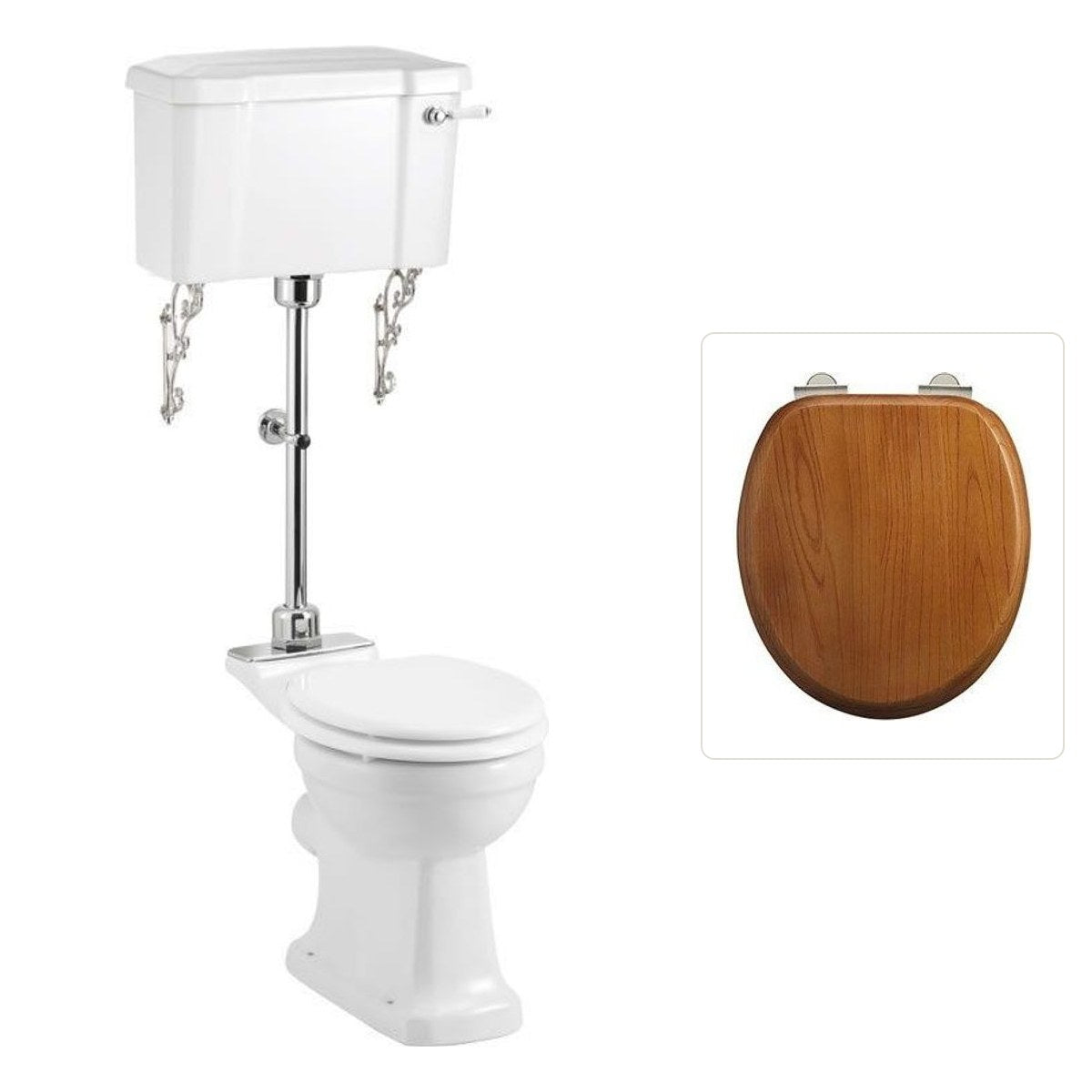 Toalettstol Burlington mellanhög standard bred cistern 52 cm rimless med soft close-sits och spolvred i krom + spolrörskit, sits ek