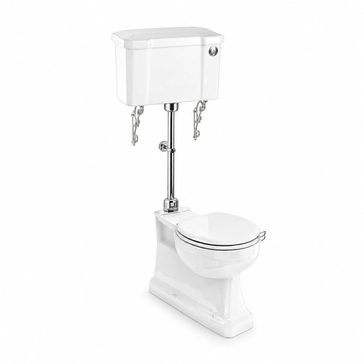 Toalettstol Burlington mellanhög standard bred cistern 52 cm S-lås med soft close-sits och spolknapp i krom + spolrörskit