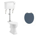Toalettstol Burlington mellanhög standard bred cistern 52 cm med soft close-sits och spolknapp i krom + spolrörskit, sits blå
