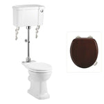 Toalettstol Burlington mellanhög standard bred cistern 52 cm med soft close-sits och spolknapp i krom + spolrörskit, sits blank mahogny