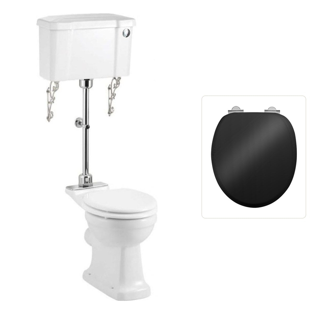 Toalettstol Burlington mellanhög standard bred cistern 52 cm med soft close-sits och spolknapp i krom + spolrörskit, sits blank svart