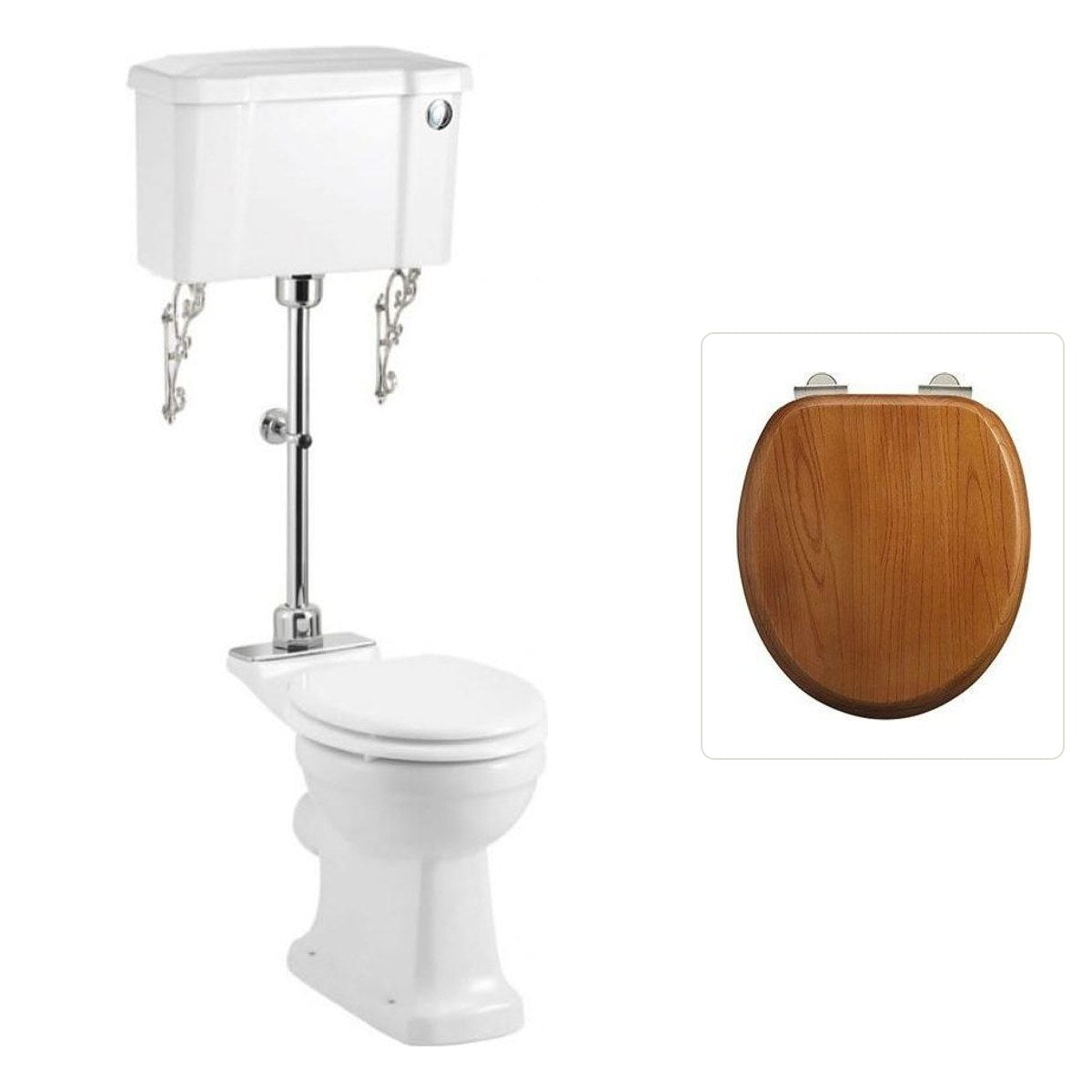Toalettstol Burlington mellanhög standard bred cistern 52 cm med soft close-sits och spolknapp i krom + spolrörskit, sits ek