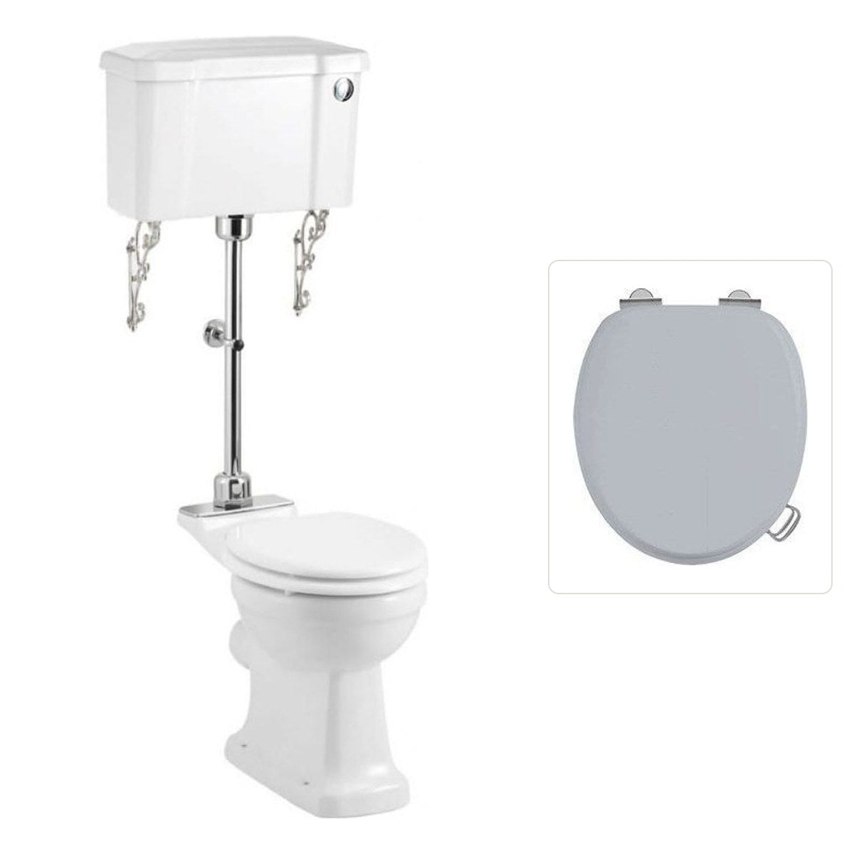 Toalettstol Burlington mellanhög standard bred cistern 52 cm med soft close-sits och spolknapp i krom + spolrörskit, sits grå