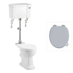 Toalettstol Burlington mellanhög standard bred cistern 52 cm med soft close-sits och spolknapp i krom + spolrörskit, sits grå