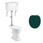 Toalettstol Burlington mellanhög standard bred cistern 52 cm med soft close-sits och spolknapp i krom + spolrörskit, sits matt grön