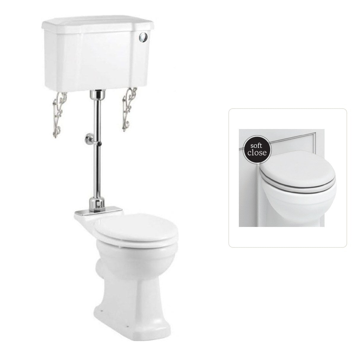 Toalettstol Burlington mellanhög standard bred cistern 52 cm med soft close-sits och spolknapp i krom + spolrörskit, sits matt vit