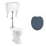 Toalettstol Burlington mellanhög standard bred cistern 52 cm med soft close-sits och spolvred i krom + spolrörskit, sits blå