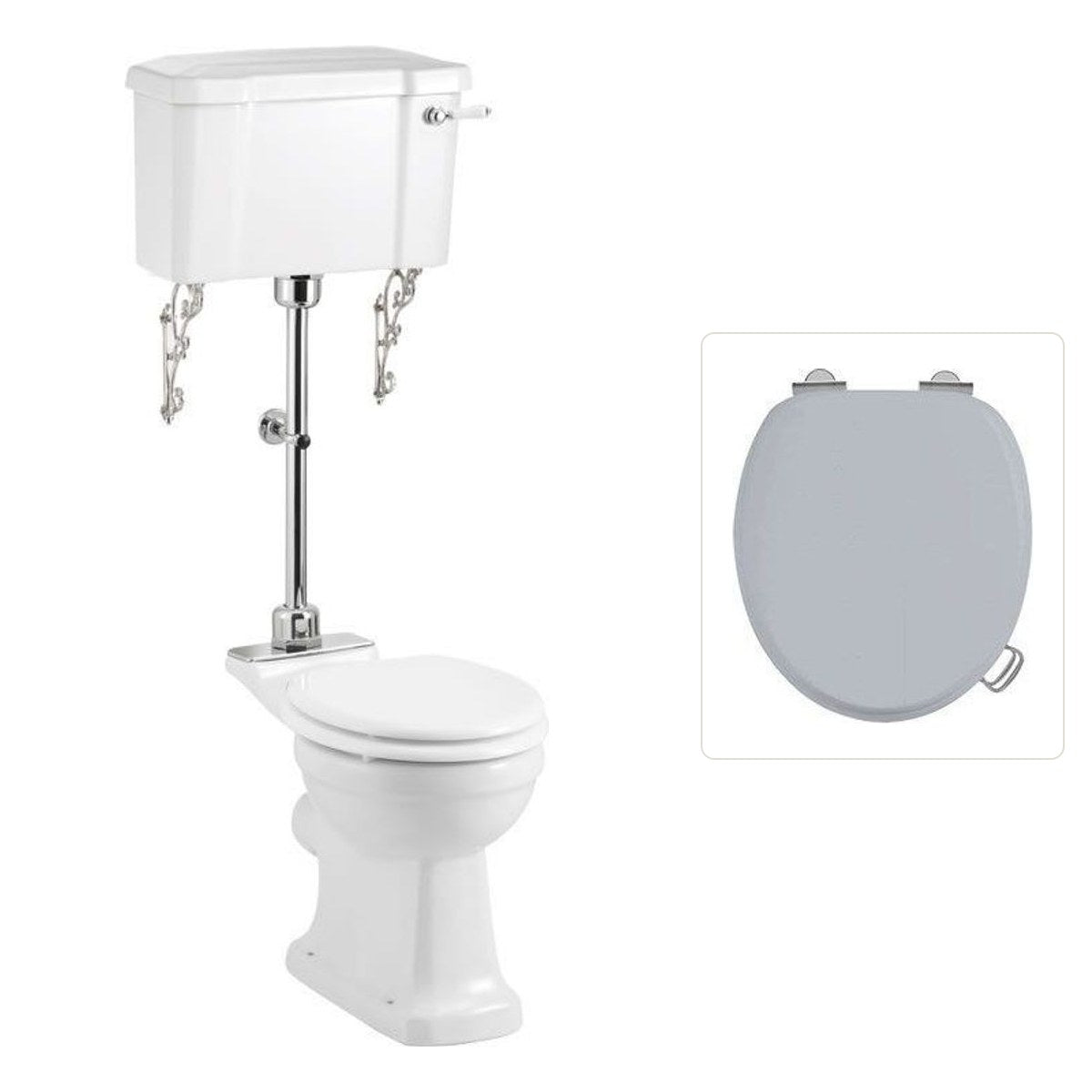 Toalettstol Burlington mellanhög standard bred cistern 52 cm med soft close-sits och spolvred i krom + spolrörskit, sits grå