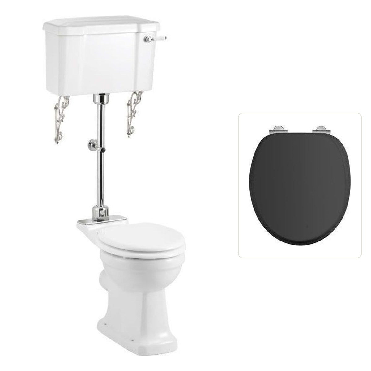 Toalettstol Burlington mellanhög standard bred cistern 52 cm med soft close-sits och spolvred i krom + spolrörskit, sits matt svart