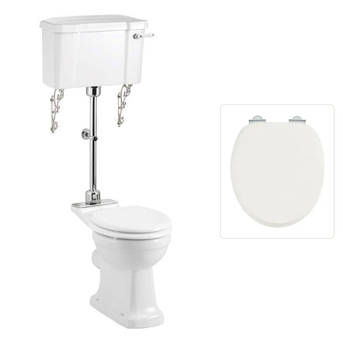 Toalettstol Burlington mellanhög standard smal cistern 44 cm rimless med soft close-sits och spolvred i krom + spolrörskit, sits blank vit