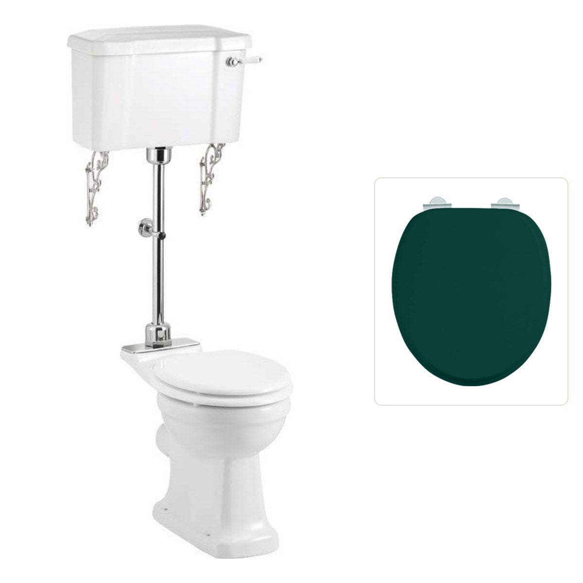 Toalettstol Burlington mellanhög standard smal cistern 44 cm rimless med soft close-sits och spolvred i krom + spolrörskit, sits matt grön