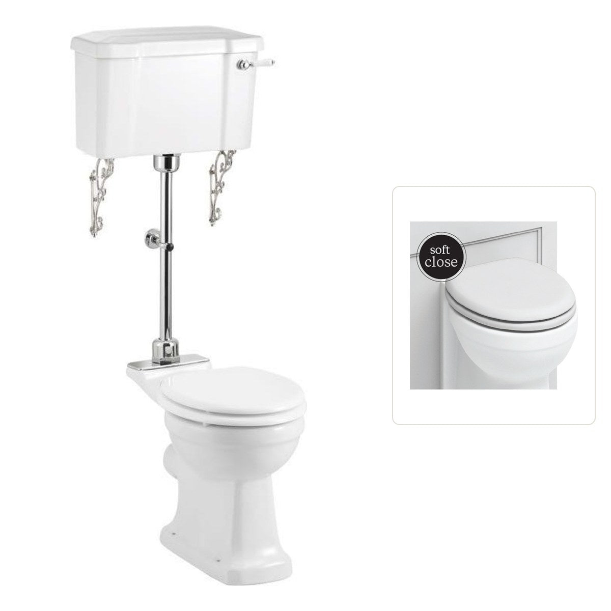 Toalettstol Burlington mellanhög standard smal cistern 44 cm rimless med soft close-sits och spolvred i krom + spolrörskit, sits matt vit